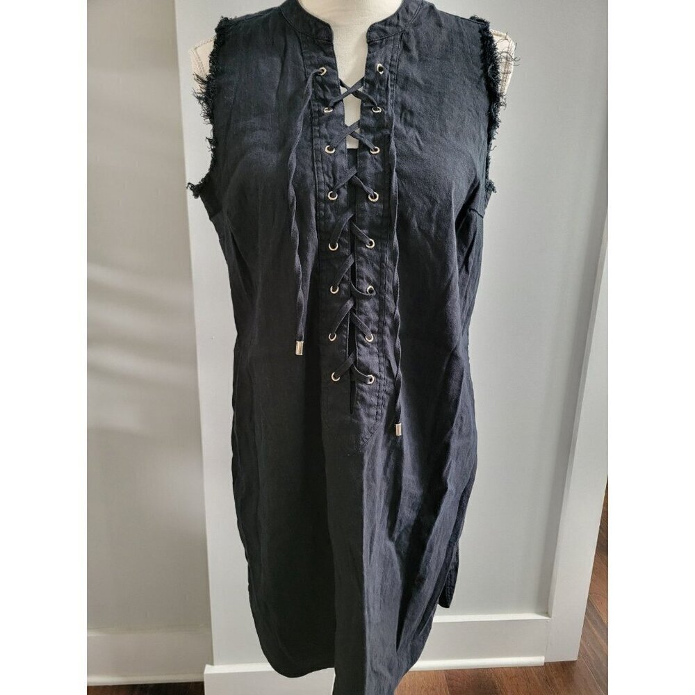 Trina Turk x INC Womens Dress M Black Linen Shift Lace Up Fringe Classic Beachy